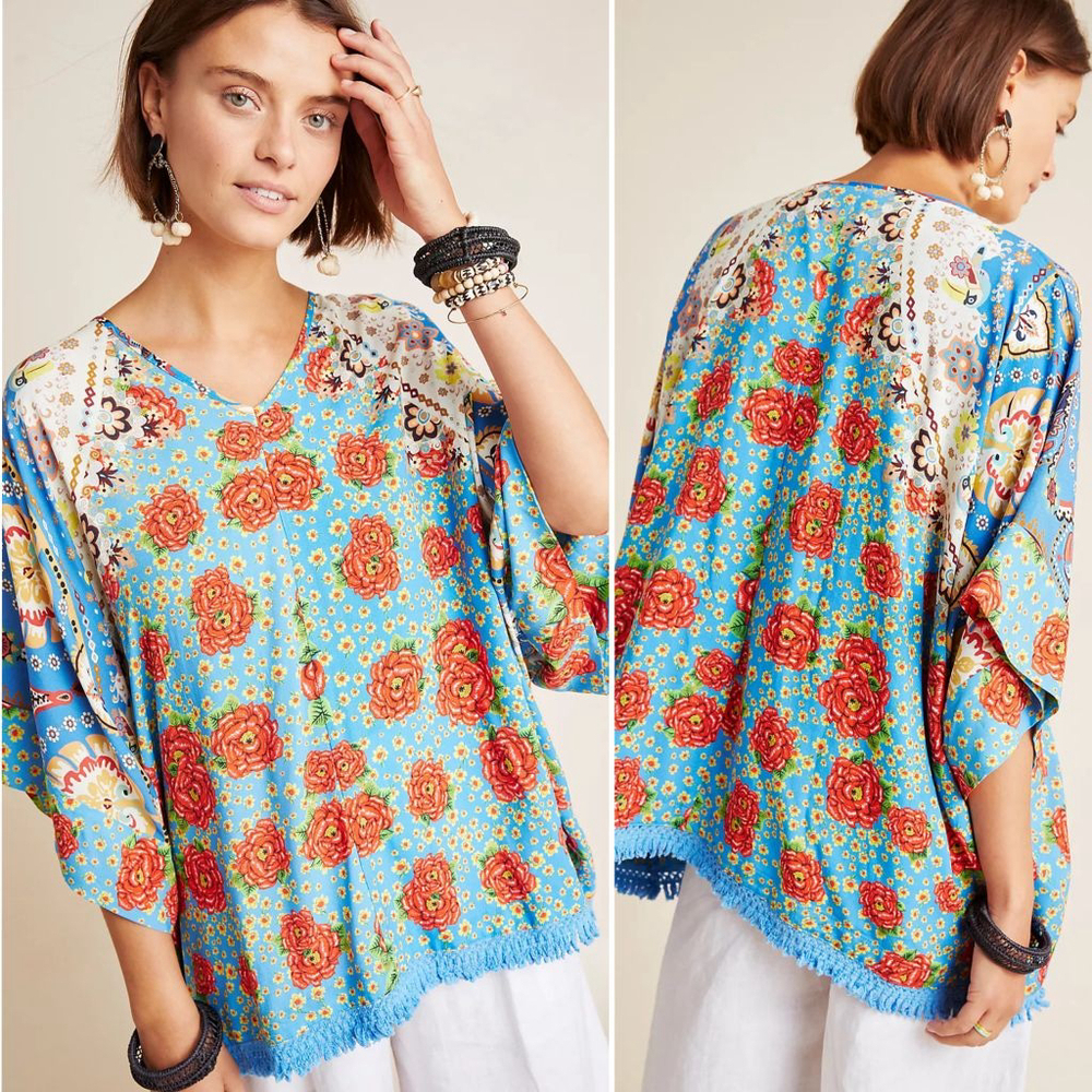 FARM Rio for Anthropologie Blue Floral V-Neck Blouse with Red Roses